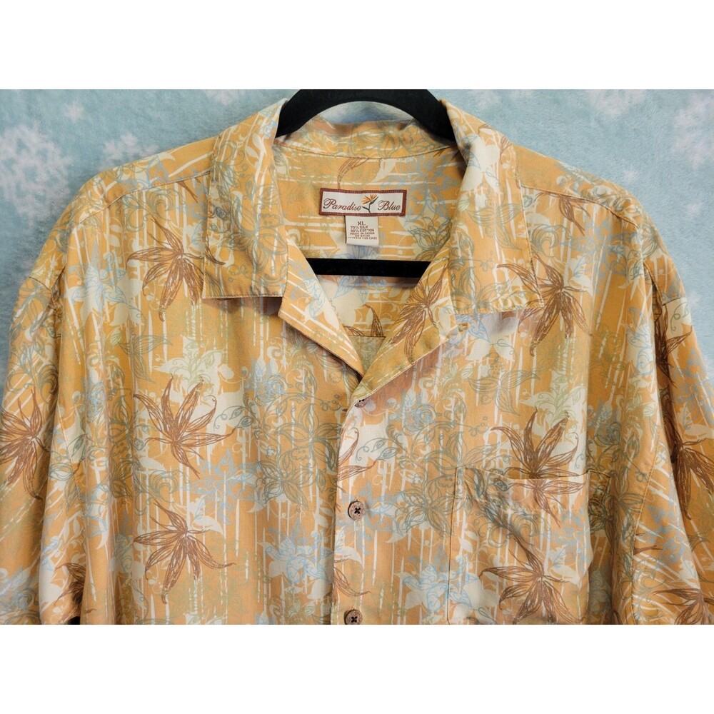 Paradise Blue Mens Silk Cotton XL Peach Hawaii Palm Cruise Boho Teal Button